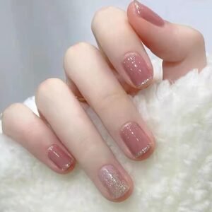 Short Pink Press on Nails Square Fake Nails Bling Full Cover French False Nails for Women and Girls 24PCS