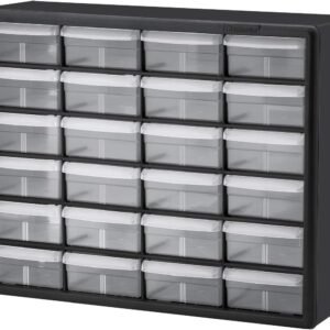 24-Drawer Plastic Drawer Storage Cabinet for Garage Organization, Bead Organizer, Building Bricks Storage, Teacher Toolbox, Makeup Organizer, 20-Inch W x 6-Inch D x 16-Inch H, 10724 Black