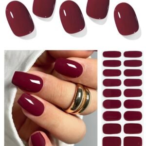 Semi Cured Gel Nail Strips (Burgundy Red), 20 Pcs Gel Nail Wraps, Stickers,  Light Required, Salon Quality, Long Lasting