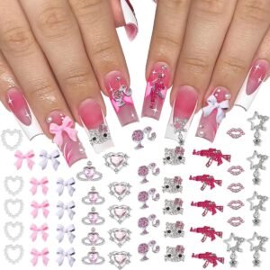 50Pcs Barbiecore Nail Charms, Pink Gun Head Lip Heart Saturn Rhinestione Nail Art Charms Nail Jewelry Decorations Acrylic Nail Gems Accessories for Women Girl DIY Crafts Supplies