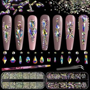 Multi Shapes 3D Glass AB Crystal Nail Art Rhinestones Kit with Flatback Round Bead Charm Gem Stone Jewelry Diamond with Pickup Pen + Tweezer for Manicure Craft Decoration by  (Iridescent)