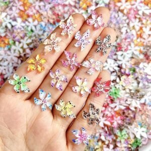 100PCS Flower Nail Charms, 3D Hawaii Flower for Nail Art Soft Resin Hibiscus Floral Nail Art Rhinestones, Mixed Flowers Charms for Acrylic Nails Design DIY Supplies