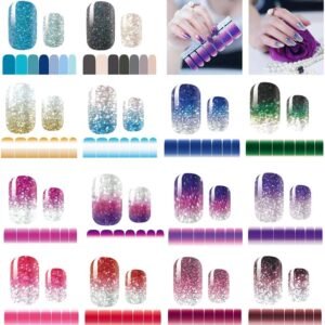 14 Sheets Nail Stickers Glitter Gradient Color Shine Full Wraps Polish Stickers Decal Strips Self-Ashesive Nail Art Sets for Women Girls