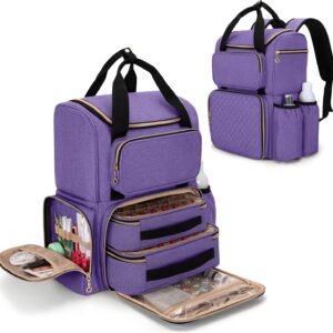 Nail Polish Organizer (Backpack Version) Holds 70 Bottles and a Nail Lamp, Travel Nail Polish Storage with 2 Removable Cases and Tools Storage Pockets (Patent Pending), Purple