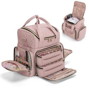 Nail Polish Organizer Holds 48 Bottles and a Nail Lamp, Nail Polish Case with 2 Removable Bags and Tools Storage Pockets (Patent Pending), Pale Rose