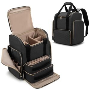 Nail Polish Organizer Backpack Holds 70 Bottles and a Nail Lamp, Nail Polish Bag with 2 Removable Cases and Tools Storage Pockets , Black
