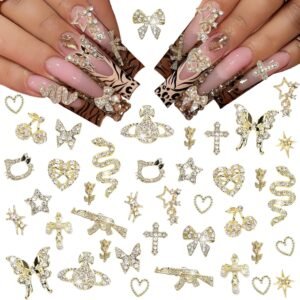 40Pcs Gold Nail Charms Nail Art Rhinestone Gems 3D Sparkling Nails Jewelry for Acrylic Nail Tips Accessories for Women DIY Nail Decorations