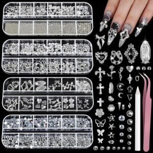 Silver Nail Charms and Gems Kit, 4 Boxes Nail Gems Silver Rhinestones for Nails, 3D  Accessories Nail Decor, Cross Charms for Nails Design Star, Caviar Beads for Nails Art