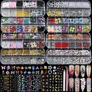 Nail Charms Nail Stickers with Nail Gems Kit, 8 Boxes Nail Art Rhinestones Gold Rhinestones for Nails, Nail Charms and Gems Pearls for Nails, 3D Nail Art Design Kit Nail Decorations for Women