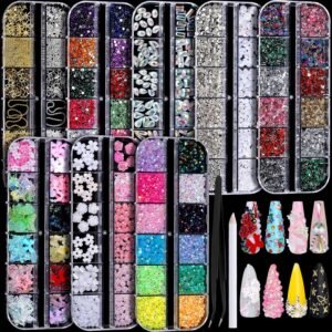 Nail Charms, Nail Rhinestones Kit with 8 Boxes of Nail Gems, 3D Charms for Nails, Colorful Clear Flatback Rhinestones, Charms  for Nails, Multi Shape Pearls Jewels for Crafts