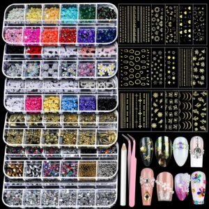 Nail Charms Nail Gems with 15 Sheets Gold Nail Stickers, 6 Boxes of Rhinestones for Nails Art Tools, 3D Nail Decals Pearls for Nails