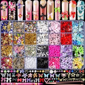8000pcs 3D Nail Charms and Nail Gems, Cute Nail Rhinestones and Charms  for Nails Nesign, Variety Butterfly Bow Moon Star Flower Junk Case Charms Gold Pearls Nail Jewels for Nail Art Decorations